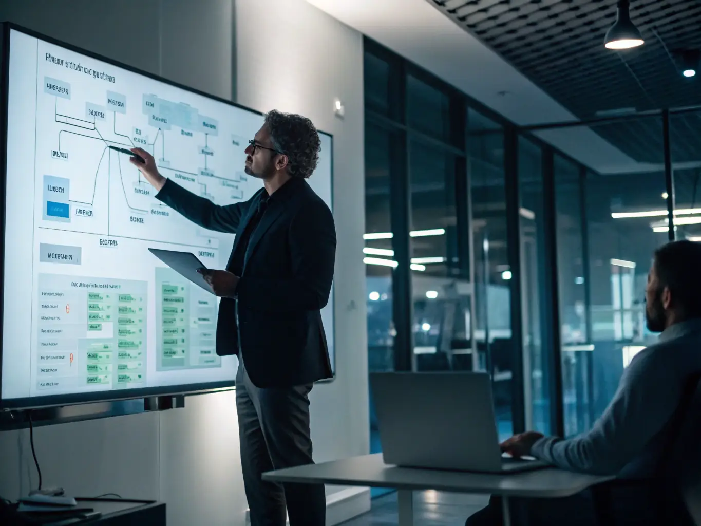 An image illustrating a process evaluation, with a flowchart displayed on a screen and a consultant analyzing the workflow, highlighting Cyqa's expertise in process optimization.